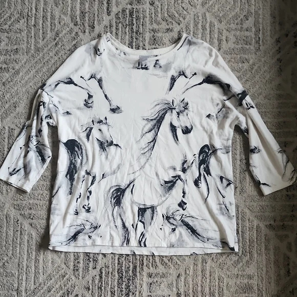 Chico's White Black Graphic Boxy Equestrian Blouse - Picture 1 of 4